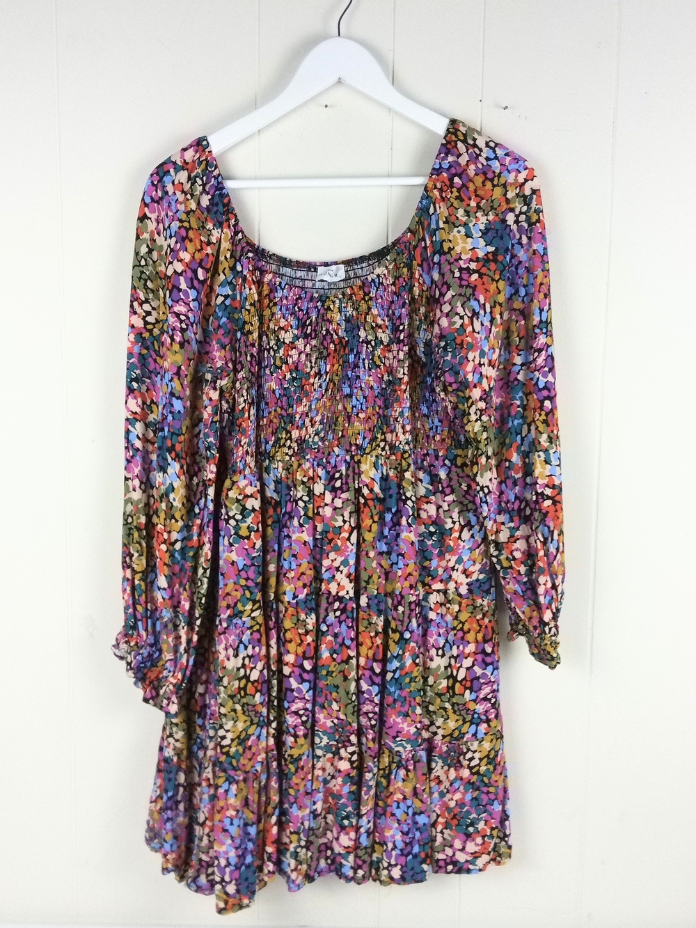 Floral Print Boho Babydoll Smocked Dress Size L Multicolor Long Sleeve Tiered